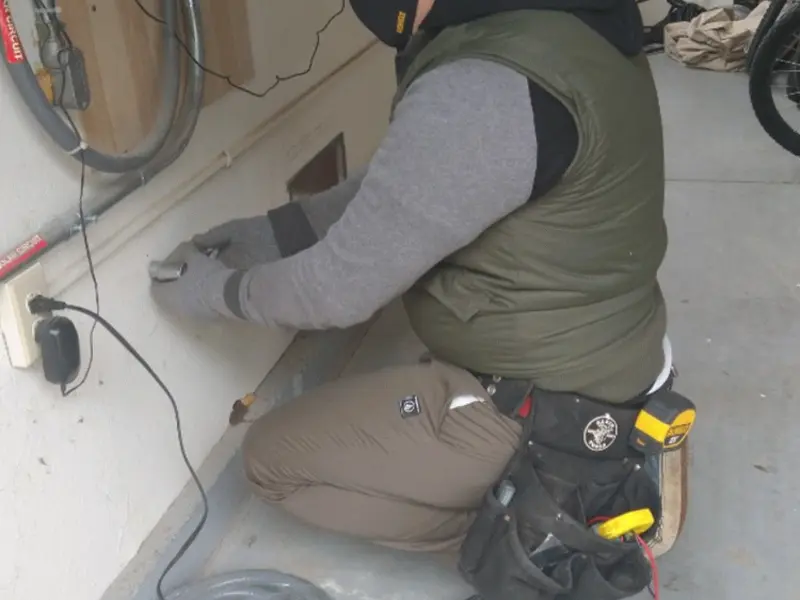 Electrician performing outlet wiring in a Dania Beach garage